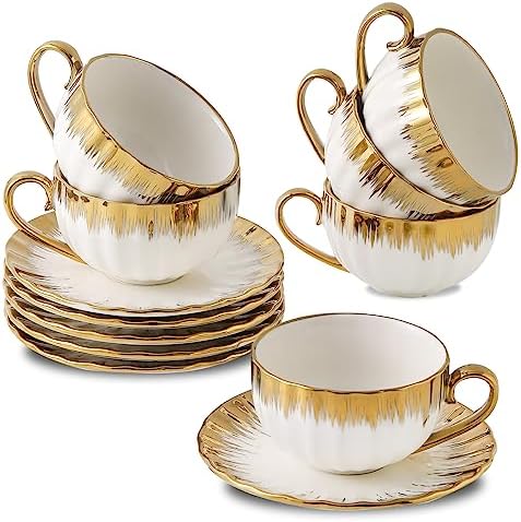 LETAOTAO Cappuccino Cups with Saucers, 7 oz Porcelain Double Espresso Cups Set, Ceramic Turkish Coffee Cups with Gold Trim, Tea Cups Set of 6, Cafe Cups for Latte, Mocha, Au Lait, White by LETAOTAO