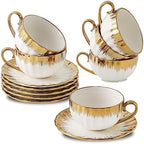 LETAOTAO Cappuccino Cups with Saucers, 7 oz Porcelain Double Espresso Cups Set, Ceramic Turkish Coffee Cups with Gold Trim, Tea Cups Set of 6, Cafe Cups for Latte, Mocha, Au Lait, White by LETAOTAO
