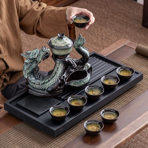 Ceramic Teapot with Infuser Semi Automatic Tea Set Magic Teapot with 8 cups Gradient Color (Gradient Dragon- A) - Image 5
