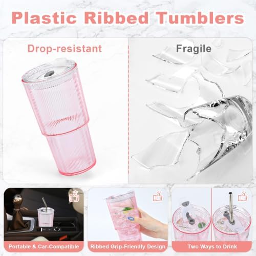 6 Pcs 20oz Acrylic Ribbed Tumblers with Lid and Straws Pink Plastic Reusable Iced Coffee Cups with Lid Unbreakable Vintage Ribbed Drinking Glasses Tumbler for Juice Smoothie Beverage with Clean Brush - Image 2