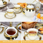Porcelain Tea Set, Large Ceramic Tea Set for Adults with Metal Holder, 20 Pcs European Tea Cup Set, Luxury Adult Tea Sets Gift, Gold Trim Tea Cup Saucer Sets for Party Deco,1000ML (Gold Trim) - Image 5