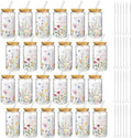 Mumufy 24 Pcs Pastel Wildflower Glass Cup, 16oz Tumbler Mug with Bamboo Lid by Mumufy
