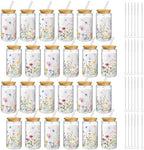 Mumufy 24 Pcs Pastel Wildflower Glass Cup, 16oz Tumbler Mug with Bamboo Lid by Mumufy