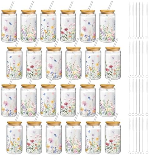 Mumufy 24 Pcs Pastel Wildflower Glass Cup, 16oz Tumbler Mug with Bamboo Lid by Mumufy