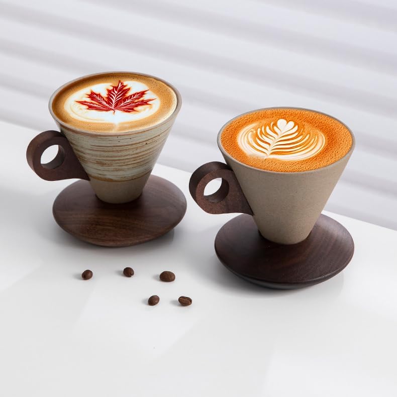 Farm Vintage Funnel Coffee Cups Set 7 Oz Ceramic Latte Mug With Saucer,Khaki Espresso Cups, Cappuccino Cups,Tea Cup with Wooden Saucer and Handle Set CM07 - Image 5
