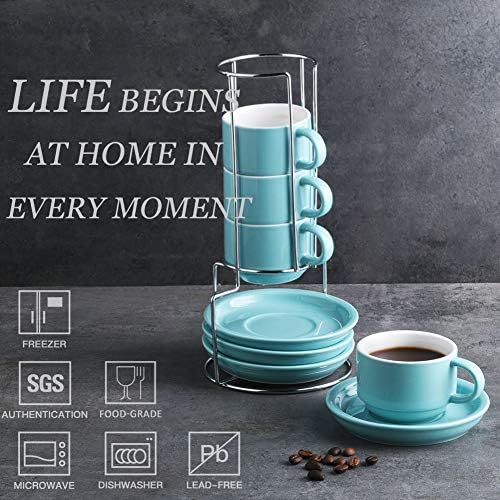 Sweejar Porcelain Espresso Cups with Saucers, 4 Ounce Stackable Cappuccino Cups with Metal Stand for Coffee Drinks, Latte, Tea - Set of 4 (Turquoise) - Image 2