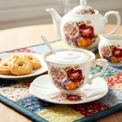 Pumtus Tea Cups and Saucers Set of 6, 8 OZ Vintage Ceramic Teacups with Spoon, Floral Rose British Coffee Mug, Elegant Bone China Cup Gift Set for Cappuccino, Espresso, Latte, Afternoon Tea Party - Image 5