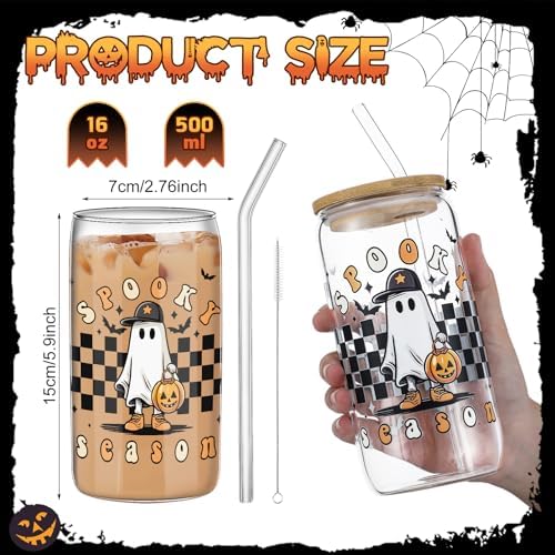 8 Pcs Halloween Ghost Glass Cups with Lids and Straws, 16 oz, Western - Image 3