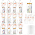 Mumufy 12 Sets Wildflower Cute Glass Cups with Lids Straws Bulk, 16 Oz by Mumufy