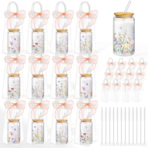 Mumufy 12 Sets Wildflower Cute Glass Cups with Lids Straws Bulk, 16 Oz by Mumufy