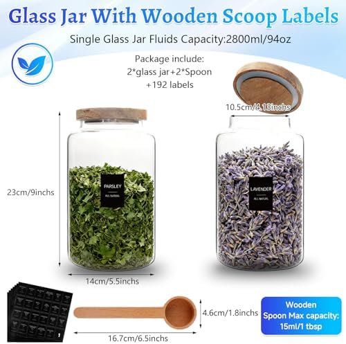 Glass Coffee Jar with Wood Lids Spoon Labels Clear Coffee Ground Canister set of 2,Borosilicate Glass Food Containers for Spice Cookies Sugar Tea Bar (2800ml/94oz-2 pack-with spoon) - Image 2