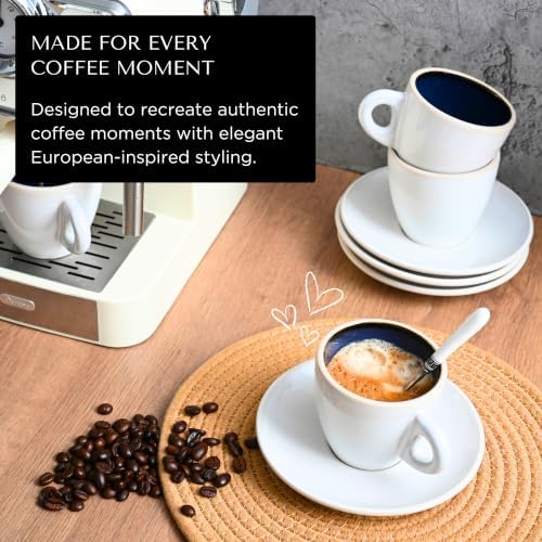 Bacimi® Cappuccino Cups and Saucers Set of 4 – 8.7oz Thick Barista Style Stoneware Cups - Blue Glaze Classic Italian Design - Ceramic Cups For Cappuccino, Latte, Tea – Dishwasher & Microwave Safe - Image 2