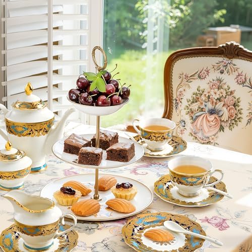 Luxury White & Gold Embossed Tea Cups and Saucers with Teapot, Sugar Bowl, & &Creamer, Vintage European Porcelain Coffee Set for Tea Party, Wedding, Gift (Turquoise&Gold, 17pcs/set) by Unknown