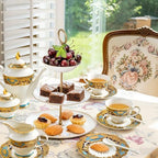 Luxury White & Gold Embossed Tea Cups and Saucers with Teapot, Sugar Bowl, & &Creamer, Vintage European Porcelain Coffee Set for Tea Party, Wedding, Gift (Turquoise&Gold, 17pcs/set) by Unknown
