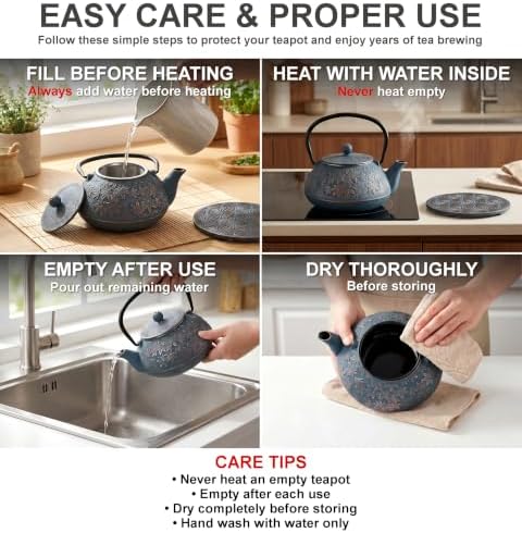 40 Oz Blue Maple Leaf Cast Iron Teapot, Enamel Interior, Infuser & Trivet - Image 6