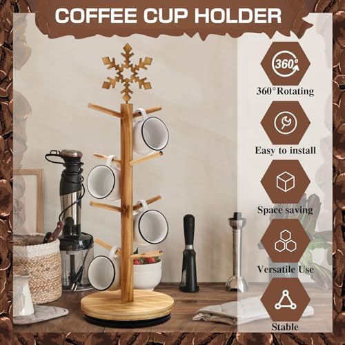DoubleFill Christmas Tree Coffee Mug Holder 8 Hooks Snowflake Mug Holder for Countertop Snowflake Cup Rack Wood Christmas Tree Display for Winter Kitchen Coffee Accessories - Image 3