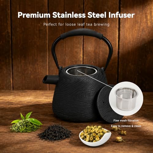 Cast Iron Teapot 34 oz (1000 ml) with Infuser, Water Wave Design, Black - Image 5