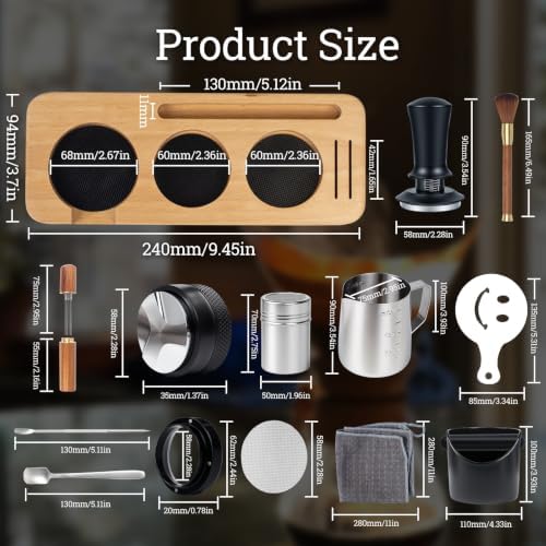 29PCS Espresso Accessories Kit,58mm Espresso Tamper Tools,Includes Wood Station,Distributor,Knock Box,Stirrer,Dosing Funnel,Brush,Puck Screen,Frothing Pitcher,Powder Ring,Towel,Decorative Stencils - Image 6