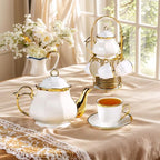 20 Pcs Porcelain Tea Set with Metal Holder, Adult Tea Set Gift, Large European Ceramic Tea Set for Adults, Flower Tea Cup Saucer Set for Party With Gold Trim(French White/1100ml) - Image 2