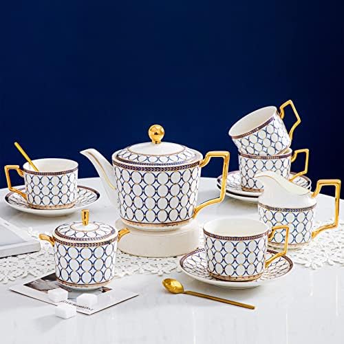 British Bone China Blue Gold Tea Cup & Saucer Set of 4 with Gift Box by HappleCwlwgoHome