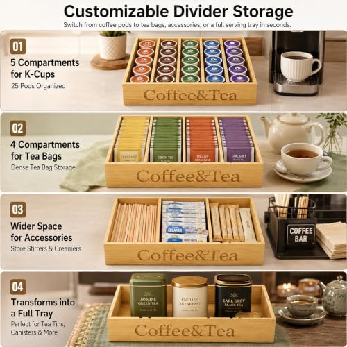 MinBoo Premium Bamboo Coffee Station & Tea Bag Organizer Box -7 Adjustable Slots with Removable Dividers, Silicone Non-Slip Pads - Eco-Friendly Countertop & Drawer Storage for K-Cups, Office Breakroom - Image 4