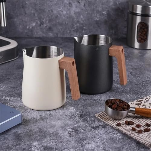 Milk Frother Cup Stainless Steel 350ml/600ml Stainless Steel Coffee Milk Foam Cup Latte Art Frothing Pitcher with Wooden Handle Internal Scale(White-350ml) - Image 6