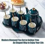 DUJUST 14 pcs Tea Set of 6 with Tray & Spoons, Modern Diamond Design Tea/Coffee Cup Set with Golden Trim, Chic Porcelain Living Room Decor, Fine-China Teapot Party Set, Gift Package - Green - Image 2
