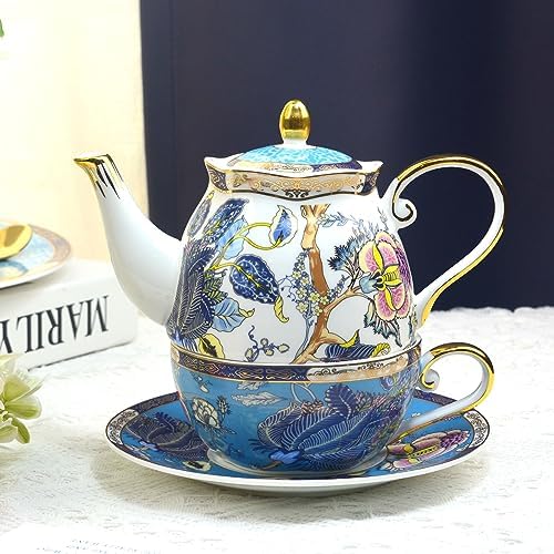 ACMLIFE Tea for One Teapot and Cup, Vintage Floral Porcelain Tea Set for One, Bone China Teapot with Cup Set, Tea Pot Gift for Women (Blue-A) - Image 6