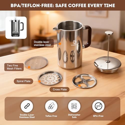 TOMAKEIT 1L/34 Oz French Press Coffee Maker,304 Stainless Steel Coffee Press,Durable & Easy Clean,Leak-Proof Design,Prensa Francesa Para Cafe for Home,Office,Camping (Silver-Upgrade) - Image 3