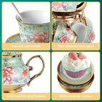 20Pcs Porcelain Tea Set for Adults, European Ceramic Tea Set Flower Ceramic Tea Cups (5.4oz), Teapot (23.67oz), & Saucers with Metal Holder for Women Tea Party (Green) - Image 3