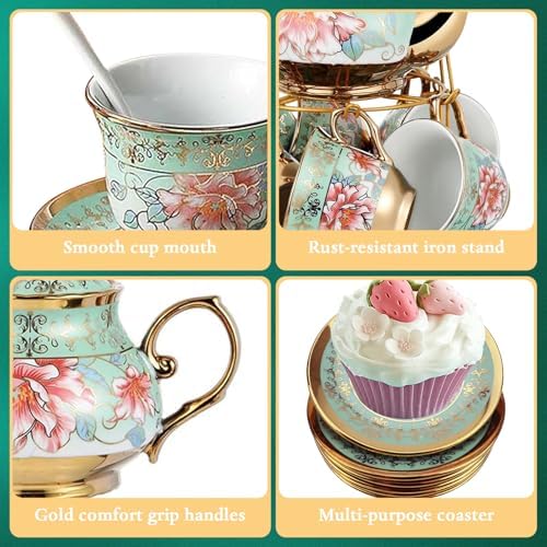 20Pcs Porcelain Tea Set for Adults, European Ceramic Tea Set Flower Ceramic Tea Cups (5.4oz), Teapot (23.67oz), & Saucers with Metal Holder for Women Tea Party (Green) - Image 3