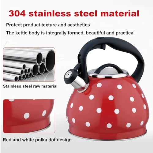 Whistling Tea Kettle, 3.2 Quart Polka Dot Stainless Steel Teapot For Stovetop, Cool Touch Ergonomic Handle, Black/white Teakettle, Perfect For Home & Kitchen Red 3.2 Quarts - Image 6