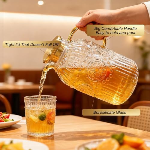 Amzcku Glass Pitcher with Lid, 101 oz/ 3 Liter Vintage Water Pitcher,Water Carafe for Cold Brew, Coffee, Lemonade, Iced Tea,Beverage, Heat Resistant Water Glass Jug 1Pack - Image 4