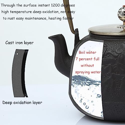 Cast Iron Teapot with Copper Handle/Lid, Pig Iron Teapot Cast Iron Tea Kettle 1200ml Retro Japanese Style Tetsubin Iron Teapot for Charcoal Stove Induction Cooker (Beast head) - Image 2