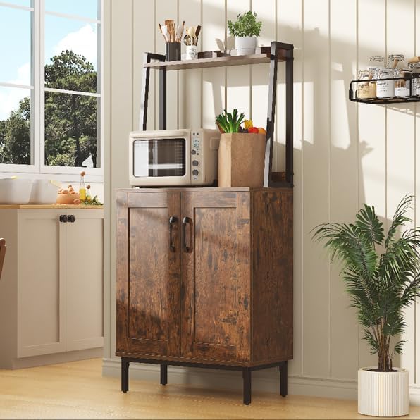 kepptory 51" Kitchen Baker's Rack with Storage, Microwave & Toaster Oven Stand, Freestanding Coffee Bar Station with Wine Glass Holder & Side Storage Shelves, Brown - Image 6