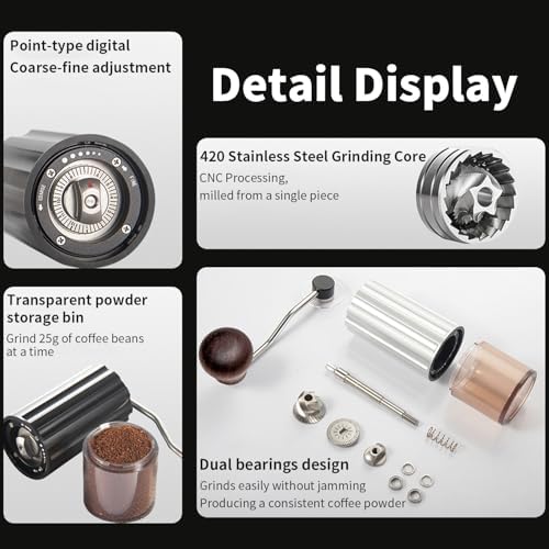 Manual Coffee Grinder, Stainless Steel Conical Burr, High Precision Adjustable Coffee Bean Grinder with Hand, Handheld Portable Grinder for Espresso, Camping, Travel and Home, Black (Grey) - Image 6