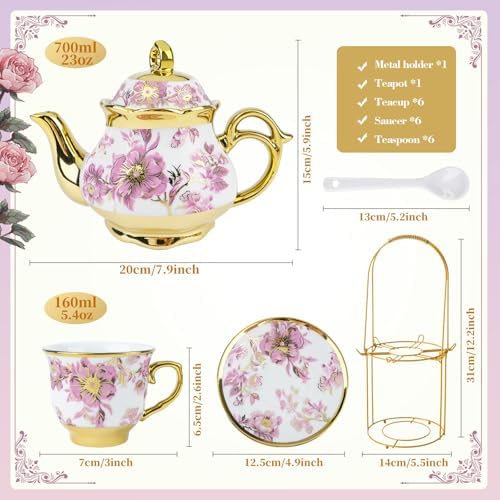 20 Pcs Porcelain Tea Set with Metal Holder, 700ml/23oz European Ceramic Tea Set for Adults, Adult Tea Set Gift, Flower Tea Cup Saucer Set for Party With Gold Flower Painting (Elegant Purple/700ml) - Image 3