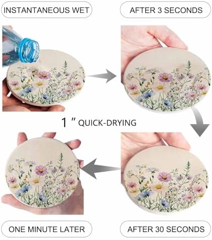 Coaster for Drinks 4 Pack,Watercolor Natural Blossom Floral Absorbent Round Ceramic Stone with Cork Base,Garden Flower on Linen Drink Coaster Cup Mats for Home Dining Coffee Tables - Image 3