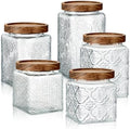 Gerrii Clear 5 Pcs Vintage Glass Food Storage Containers 17/24/34 oz Glass Jar with Lid Airtight Candy Food Canisters for Kitchen Counter Pantry Coffee Beans (Begonia,Sunflower,Window Grilles Square) by Gerrii