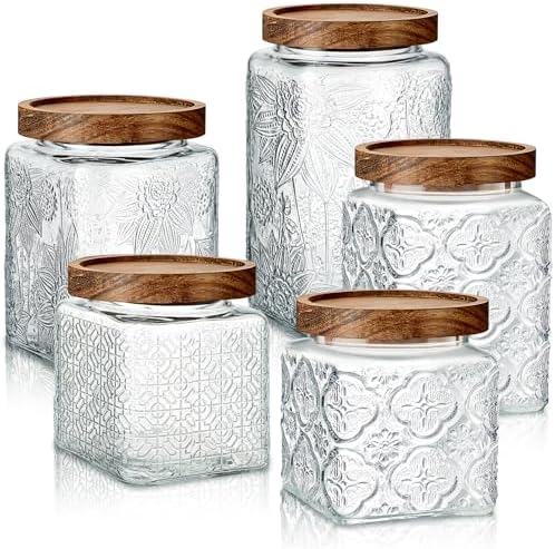 Gerrii Clear 5 Pcs Vintage Glass Food Storage Containers 17/24/34 oz Glass Jar with Lid Airtight Candy Food Canisters for Kitchen Counter Pantry Coffee Beans (Begonia,Sunflower,Window Grilles Square) by Gerrii