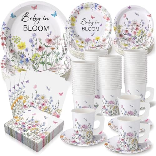 Pickmesh 252 Pcs Baby in Bloom Tea Party Supplies for 36 Guests Wildflower Paper Disposable Dinnerware Flower Teacup with Handle and Saucers Set for Tea Party Decorations Birthday Baby Shower Wedding by Pickmesh