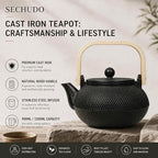 30.4oz Small Cast Iron Teapot with Wooden Handle, Black Tea Pot with Enamel Interior & Strainer, Japanese Style Tea Kettle for Loose Leaf Tea, Suitable for Electric Stove & Induction Cooker - Image 5