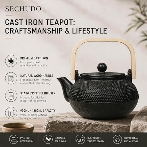 30.4oz Small Cast Iron Teapot with Wooden Handle, Black Tea Pot with Enamel Interior & Strainer, Japanese Style Tea Kettle for Loose Leaf Tea, Suitable for Electric Stove & Induction Cooker - Image 5