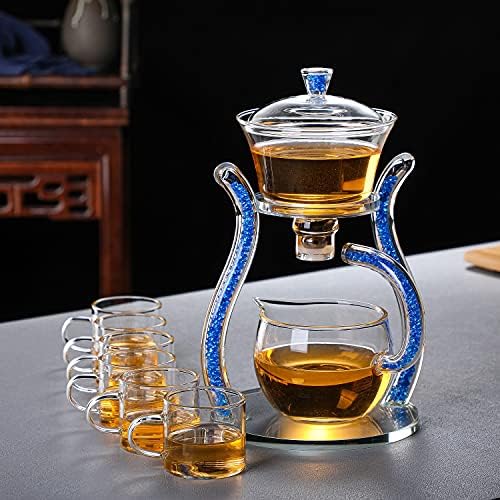 RORA Glass Teapot Set Semi Automatic Drip Rotating with Infuser Lazy Kungfu Tea pot Set (Blue) - Image 2