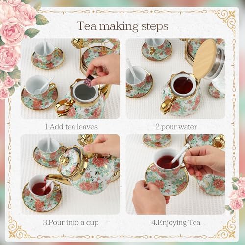 20Pcs Porcelain Tea Set for Adults, European Ceramic Tea Set Flower Ceramic Tea Cups (3oz), Teapot (15oz), & Saucers with Metal Holder for Women Tea Party - Image 4