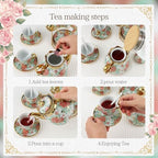 20Pcs Porcelain Tea Set for Adults, European Ceramic Tea Set Flower Ceramic Tea Cups (3oz), Teapot (15oz), & Saucers with Metal Holder for Women Tea Party - Image 4