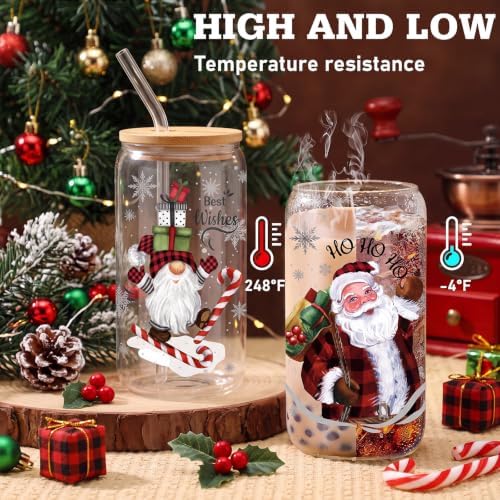 Teenyyou 12 Sets of Christmas Glasses Cups with Bamboo Lid and Glass Straw 16 oz Red and Black Plaid Christmas Glass Jar Drinking Cups Wreath Santa Coffee Cup for Women Men Xmas Holiday Party Gifts - Image 4