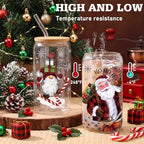 Teenyyou 12 Sets of Christmas Glasses Cups with Bamboo Lid and Glass Straw 16 oz Red and Black Plaid Christmas Glass Jar Drinking Cups Wreath Santa Coffee Cup for Women Men Xmas Holiday Party Gifts - Image 4