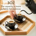 LYEOBOH Espresso Cups and Saucers Set, Ceramic Coffee Cup 3 Ounces Small Demitasse Cups Espresso Mugs with Spoons & Metal Stand for Cappuccino, Latte, Tea, Set of 6, Black - Image 3