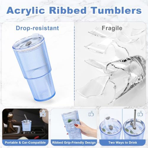 8 Pcs 20oz Acrylic Ribbed Tumblers with Lid and Straws Blue Plastic Reusable Iced Coffee Cups with Lid Unbreakable Vintage Ribbed Drinking Glasses Tumbler for Juice Smoothie Beverage with Clean Brush - Image 2